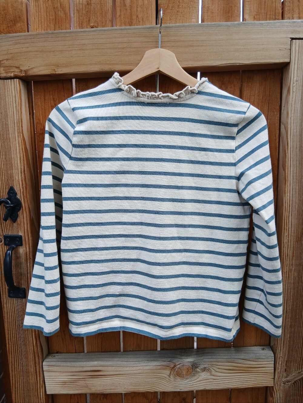 Sezane Gael Mariniere Striped Ruffle Henley Top S Sage Ecru - Picture 5 of 6